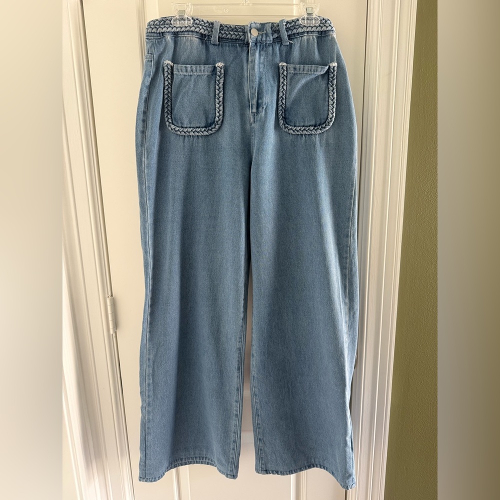 Braided Pocket Light Blue Wide Leg Jeans
